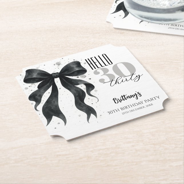 Black Bow Modern 30th Birthday  Paper Coaster (Angled)