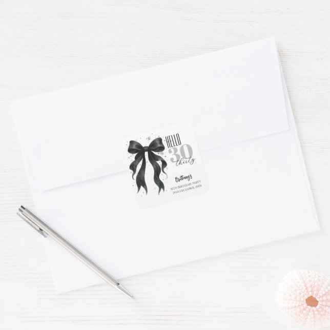 Black Bow Modern 30th Birthday  Square Sticker (Envelope)