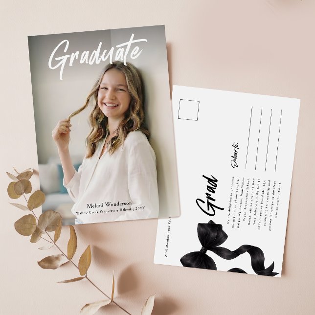 Black Bow Modern Photo Graduation Announcement Postcard (Creator Uploaded)