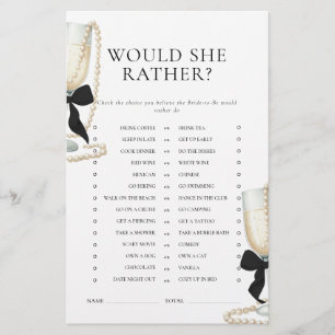Black Bow Pearls & Prosecco Bridal Shower Game Stationery