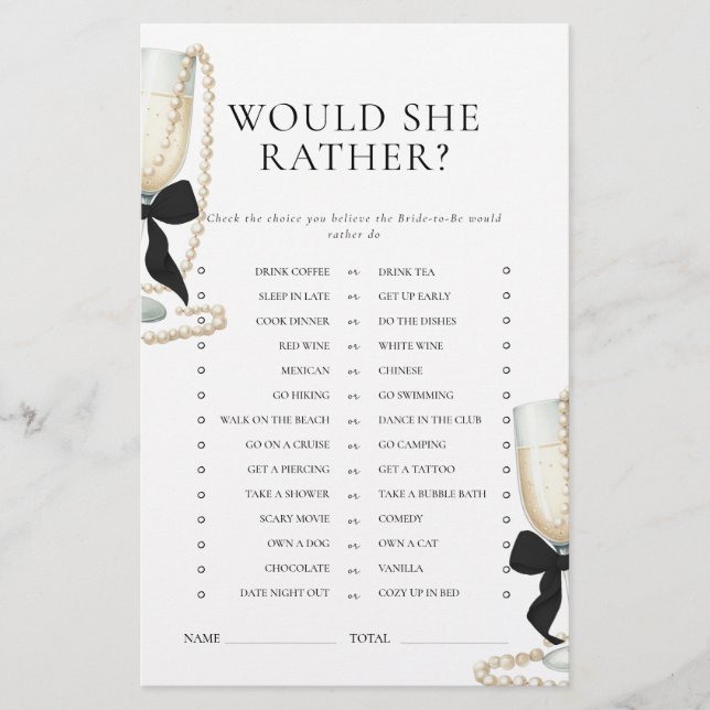 Black Bow Pearls & Prosecco Bridal Shower Game Stationery (Front)