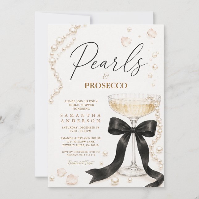 Black Bow Pearls & Prosecco Elegant Coquette Invitation (Front)
