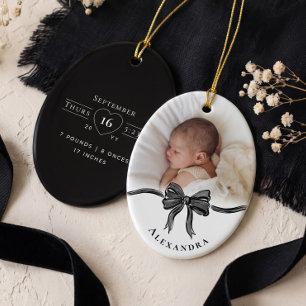Black Bow Personalised Baby Name Photo Birth Stats Ceramic Tree Decoration