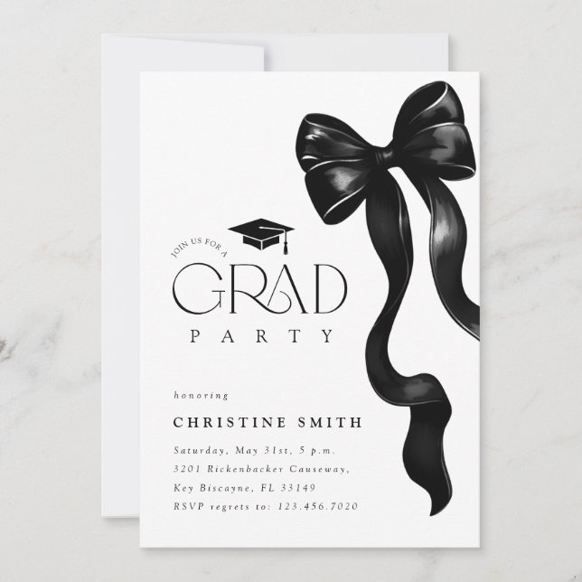 Black Bow Photo Graduation Party Invitation (Front)