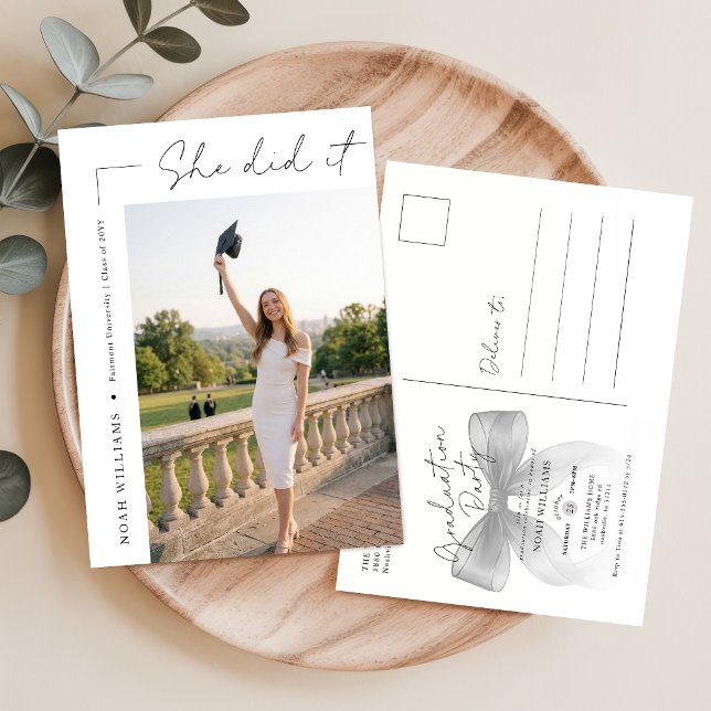 Black Bow Photo Graduation Party Invitation Postcard (Creator Uploaded)