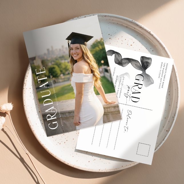 Black Bow Photo Graduation Party Invitation Postcard (Creator Uploaded)