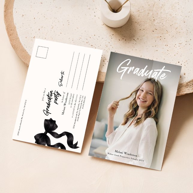 Black Bow Photo Graduation Party Invitation Postcard (Creator Uploaded)