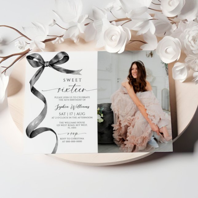 Black Bow Photo Sweet 16 Birthday Invitation (Creator Uploaded)
