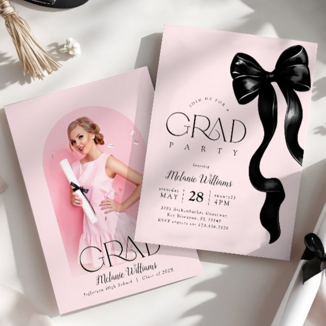 Black Bow Pink Grad Party Invitation (Creator Uploaded)
