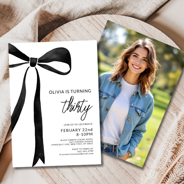 Black Bow Ribbon Birthday Photo Party Invitation (Creator Uploaded)