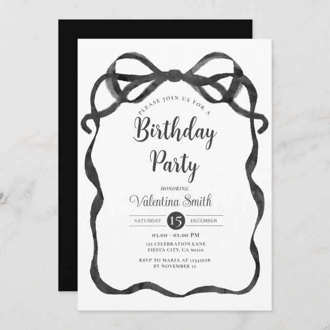 Black Bow Ribbon Coquette Birthday Invitation (Front/Back)