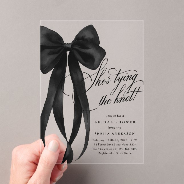 Black Bow She's Tying The Knot Bridal Shower Acrylic Invitations (Insitu (Handheld))