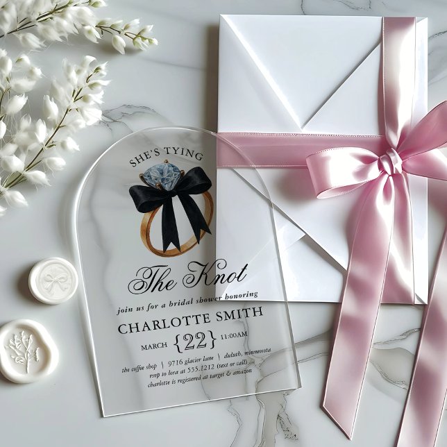 Black Bow She's Tying the Knot Bridal Shower Acrylic Invitations (Black Bow She's Tying the Knot Bridal Shower Acrylic Invitations)