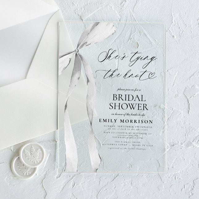 Black Bow She's Tying the Knot Bridal Shower Acrylic Invitations (Creator Uploaded)