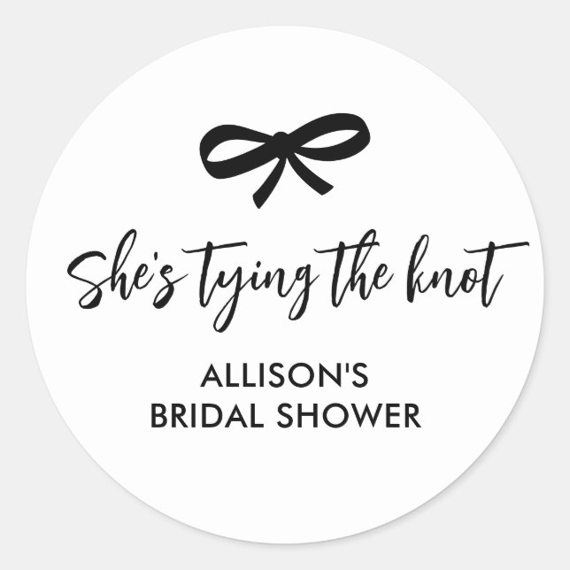Black Bow She's Tying the Knot Bridal Shower Classic Round Sticker (Front)