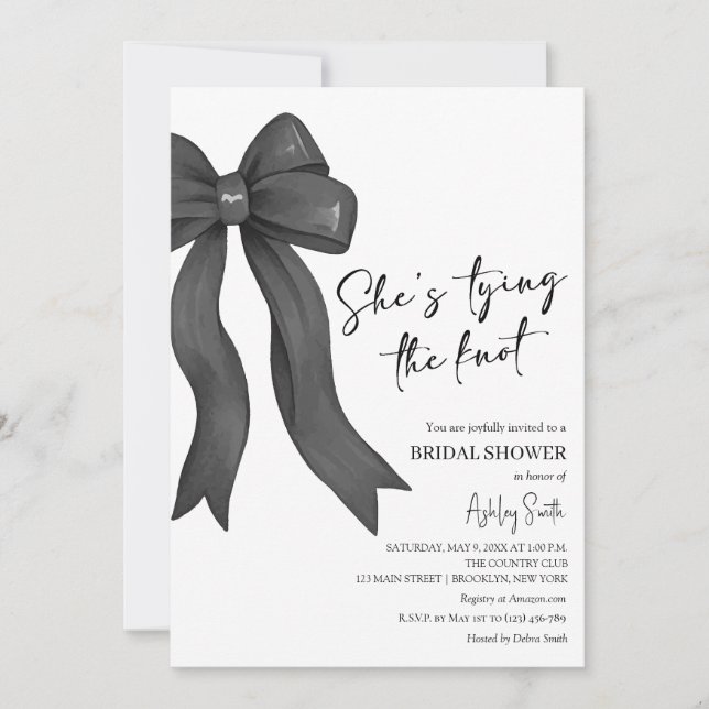 Black Bow She's Tying the Knot Bridal Shower Invitation (Front)