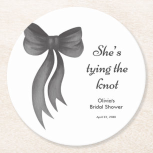 Black Bow She's Tying the Knot Bridal Shower  Round Paper Coaster