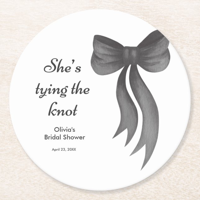 Black Bow She's Tying the Knot Bridal Shower  Round Paper Coaster (Front)