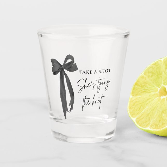 Black Bow She's Tying the Knot Bridal Shower  Shot Glass (Front)