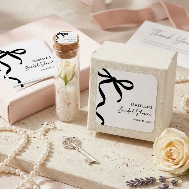 Black Bow She's Tying the Knot Bridal Shower Square Sticker (Creator Uploaded)