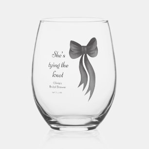 Black Bow She's Tying the Knot Bridal Shower  Stemless Wine Glass