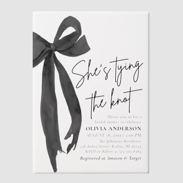 Black Bow She's Tying the Knot Bridal Shower Vellum Invitations (Front)