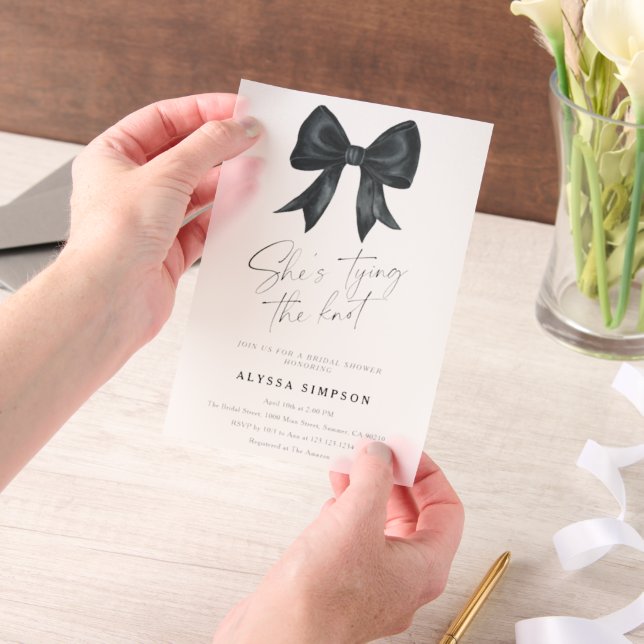 Black Bow She's tying the knot Bridal Shower Vellum Invitations (Handheld)