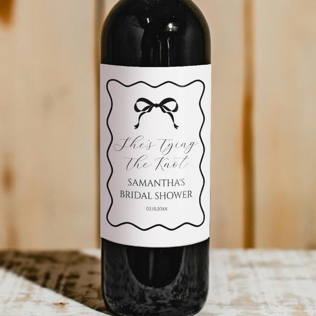 Black Bow She's Tying the Knot Bridal Shower Wine Label (Creator Uploaded)