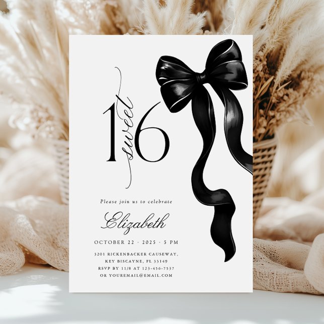 Black Bow Sweet Sixteen Birthday Invitation (Creator Uploaded)