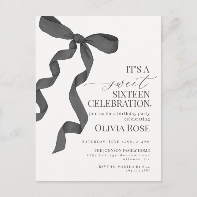 Black Bow Sweet Sixteen Birthday Party Invitation Postcard (Front)