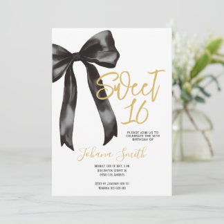 Black Bow Sweet Sixteen Girl Birthday Party Invitation