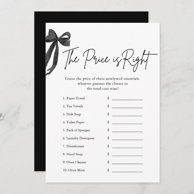 Black Bow The Price is Right Bridal Shower Game Invitation (Front/Back)