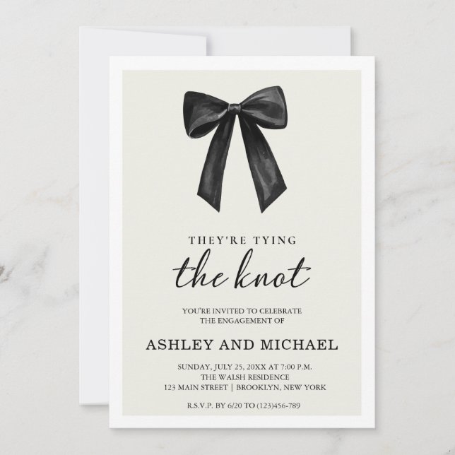 Black Bow They're Tying the Knot Engagement Party Invitation (Front)