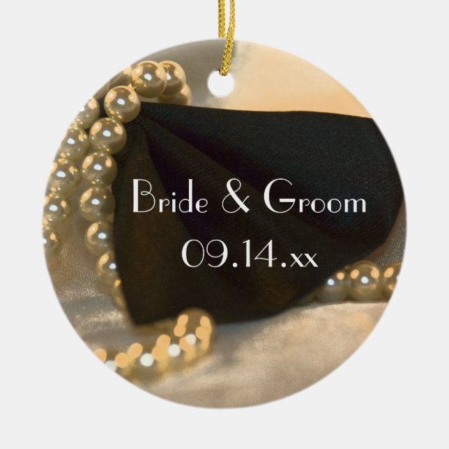 Black Bow Tie and White Pearls Wedding Ceramic Tree Decoration (Front)