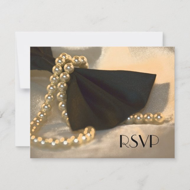Black Bow Tie and White Pearls Wedding RSVP Card (Front)