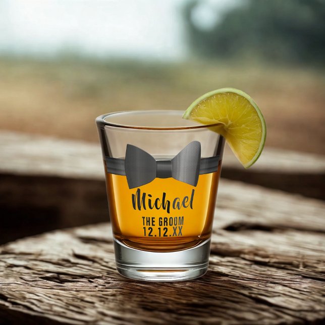 Black Bow Tie Groom Bachelor Party Shot Glass (For your Groom. Just add his name and your wedding date)