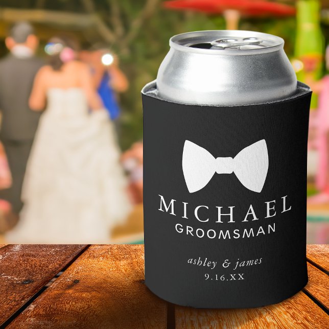 Black Bow Tie Groomsman Personalised Wedding Can Cooler (Black Bow Tie Groomsman Personalized Wedding Can Cooler)