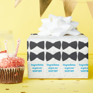 Black Bow Ties on White with Blue Baby Boy Text Wrapping Paper