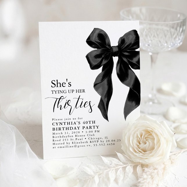 Black Bow Tying Up Her Thirties 40Th Birthday Invitation (Coquette Whimsical Black Bow Birthday Invitation)
