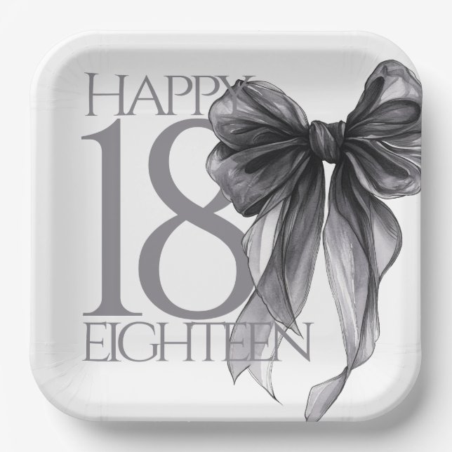Black Bow Watercolor 18th Birthday Paper Plate (Front)