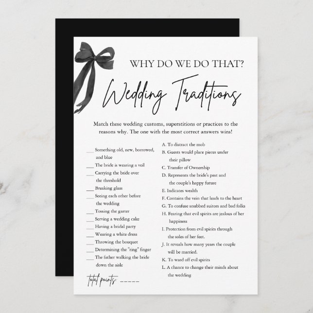 Black Bow Wedding Traditions Bridal Shower Game Invitation (Front/Back)