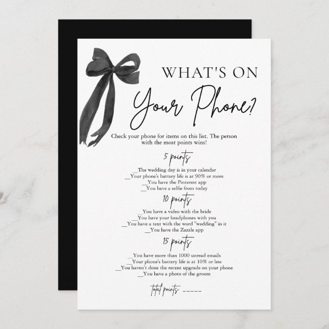 Black Bow What's On Your Phone Bridal Shower Game Invitation (Front/Back)