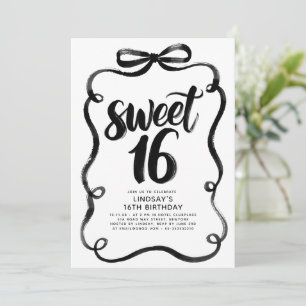 Black Bow Whimsical Sweet 16th Birthday Invitation