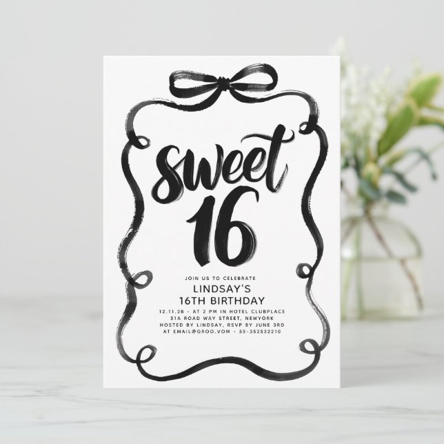 Black Bow Whimsical Sweet 16th Birthday Invitation (Standing Front)