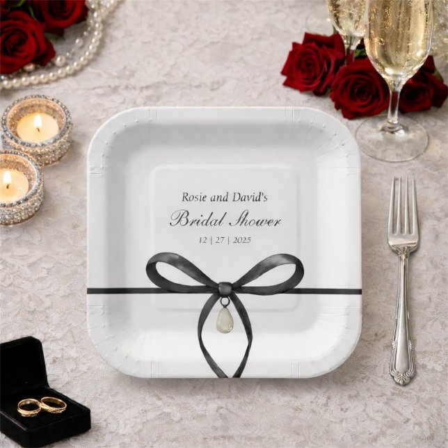 Black Bow With Pearl Old Money Style Bridal Shower Paper Plate (Black Bow With Pearl Old Money Style Bridal Shower Paper Plates
)