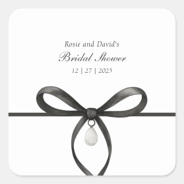 Black Bow With Pearl Old Money Style Bridal Shower Square Sticker (Front)
