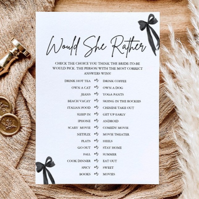 Black Bow Would She Rather Bridal Shower Game Invitation (Black Bow Would She Rather Bridal Shower Game)