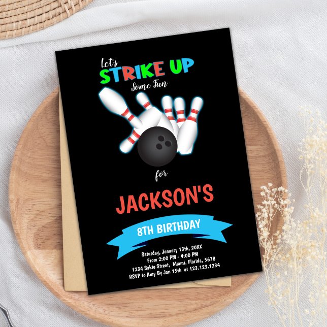 Black Bowling Ball Birthday Invitation (Black Ball Bowling Birthday Invitations)