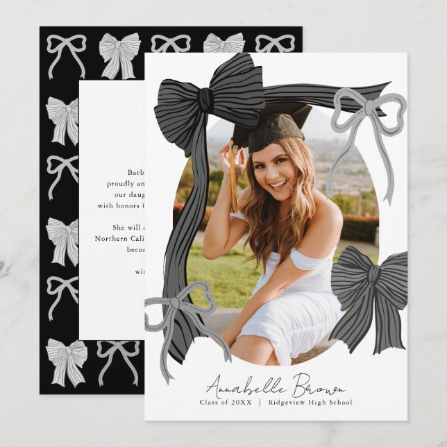 Black Bows Photo Message Graduation Announcement (Front/Back)