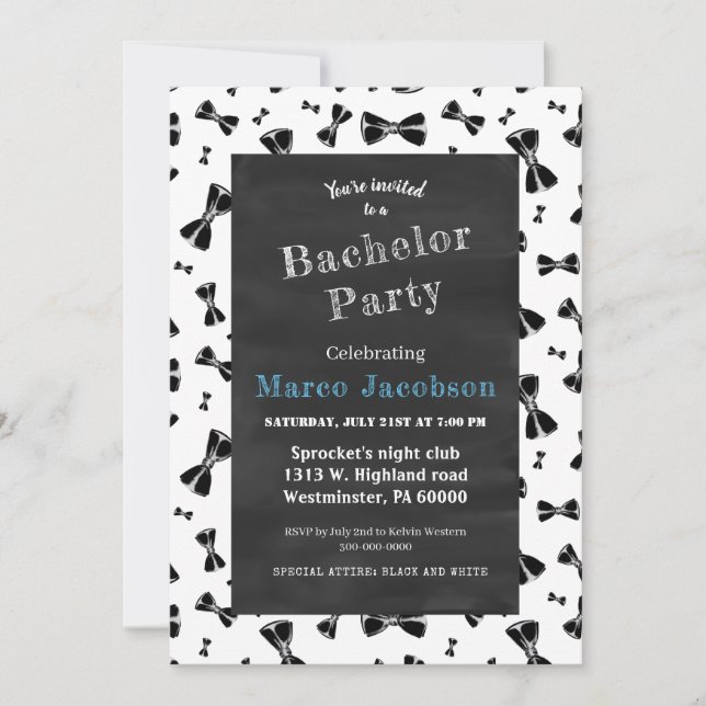 Black bowtie bachelor party  invitation (Front)